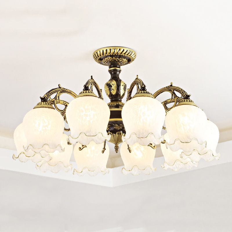 Lámpara semi rascilla de múltiples cabezas iluminación de techo de dormitorio tradicional con sombra de vidrio de flores