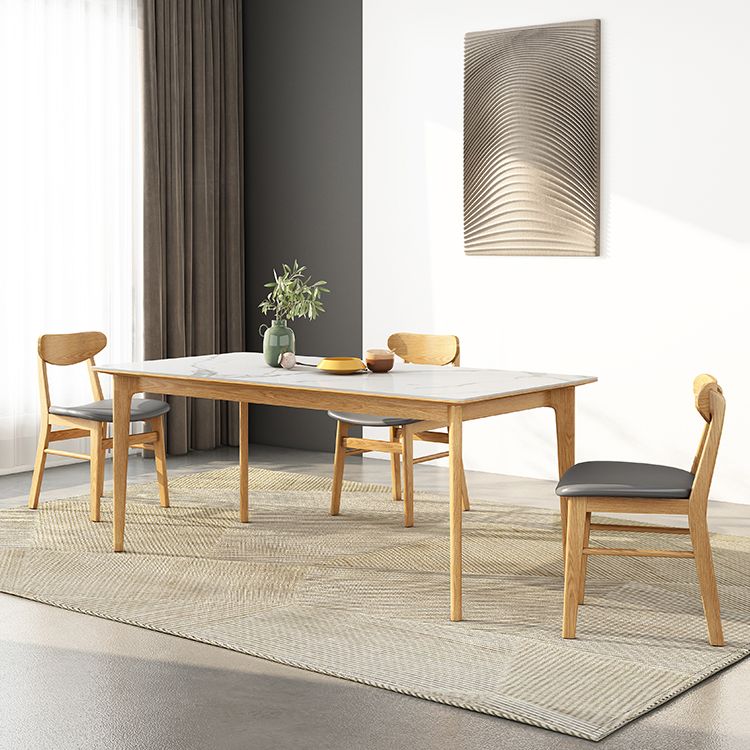 Midcentury Rectangle Dining Table Sintered Stone Table with 4 Legs Wood Base