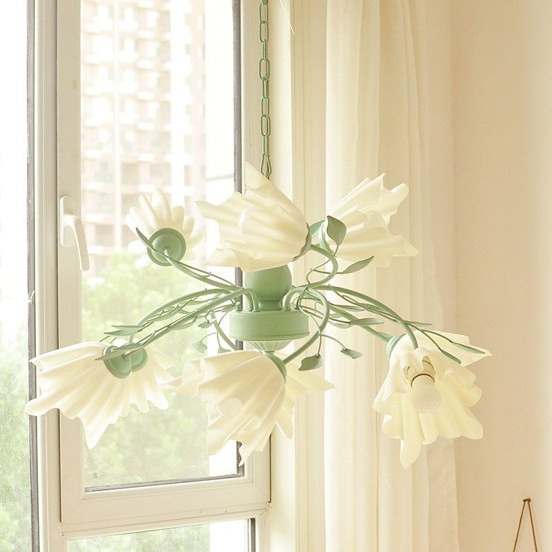 Green Flower Chandelier Lighting Modernism Metal 9 Bulbs Pendant Light Fixture for Living Room