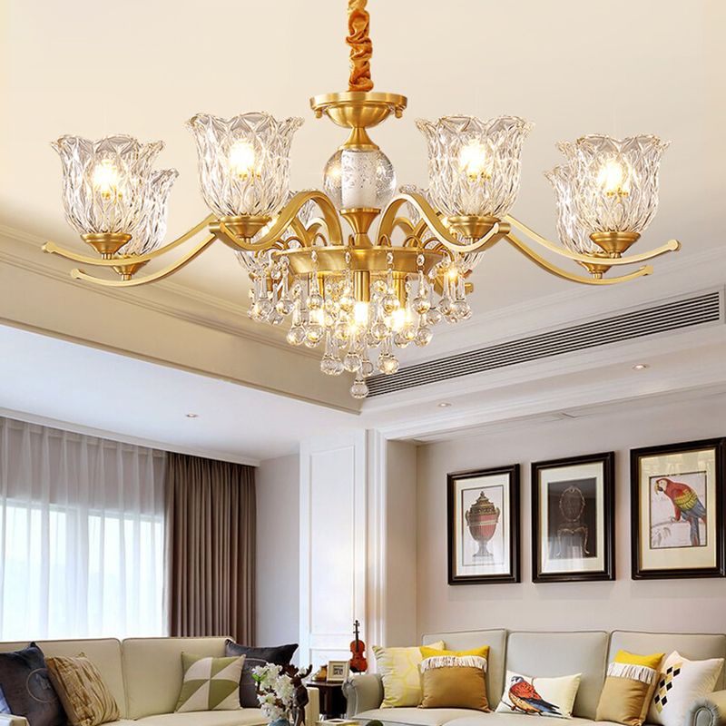 European Style Chandelier Brass Flower Shape Hanging Light with Crystal for Bedroom
