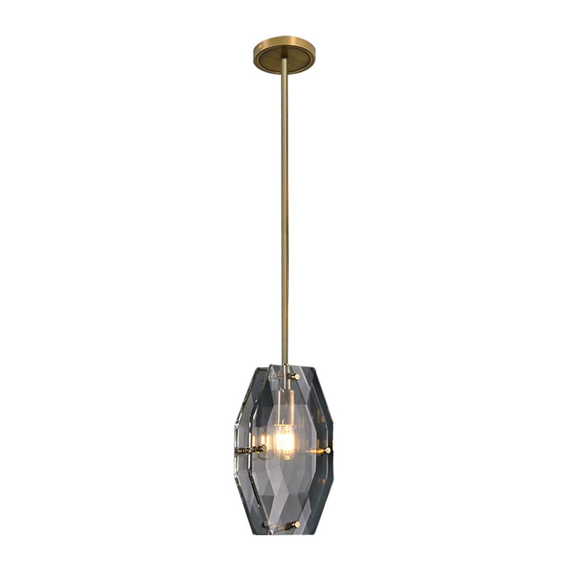 Simple Double Panel Pendant Lighting 1-Bulb Faceted Crystal Ceiling Hang Fixture in Brass