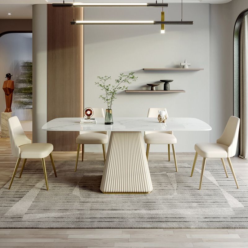 Mesa de comedor de lujo tradicional rectángulo Mesa de piedra sinterizada con base de pedestal blanco