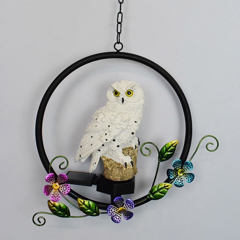 Resin Owl Hanging Pendant Light Modern LED Solar Suspension Lamp with Flower Decor in Brown/White