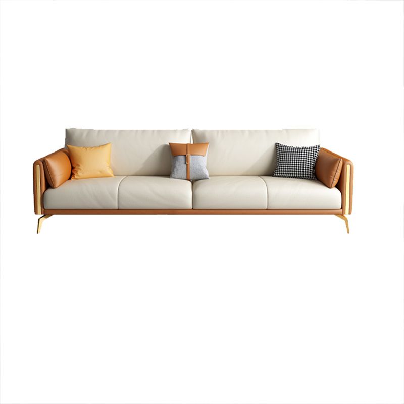 Faux Leather Square Arm Sofa with Chaise in Orange & Beige Loose Back Cushions Sofa