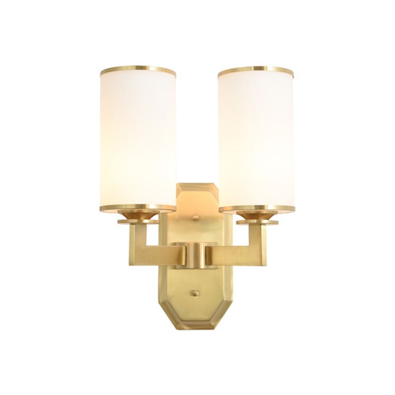 2 Heads Armed Sconce Modern Metal Wall Mount Light Fixture in Gold with Tube Opal Glass Shade