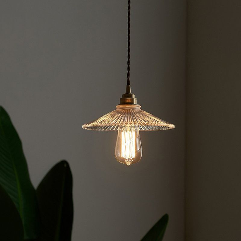 Cone Clear Ribbed Glass Hanging Lamp Vintage Single-Bulb Dining Room Lighting Pendant
