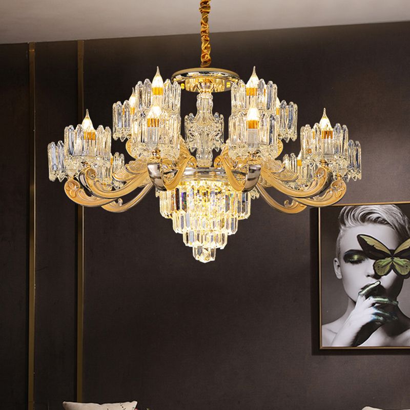 Cylindrical Shaped Living Room Chandelier Light Retro Clear Glass Gold Pendant Light with Layered Crystal Decor