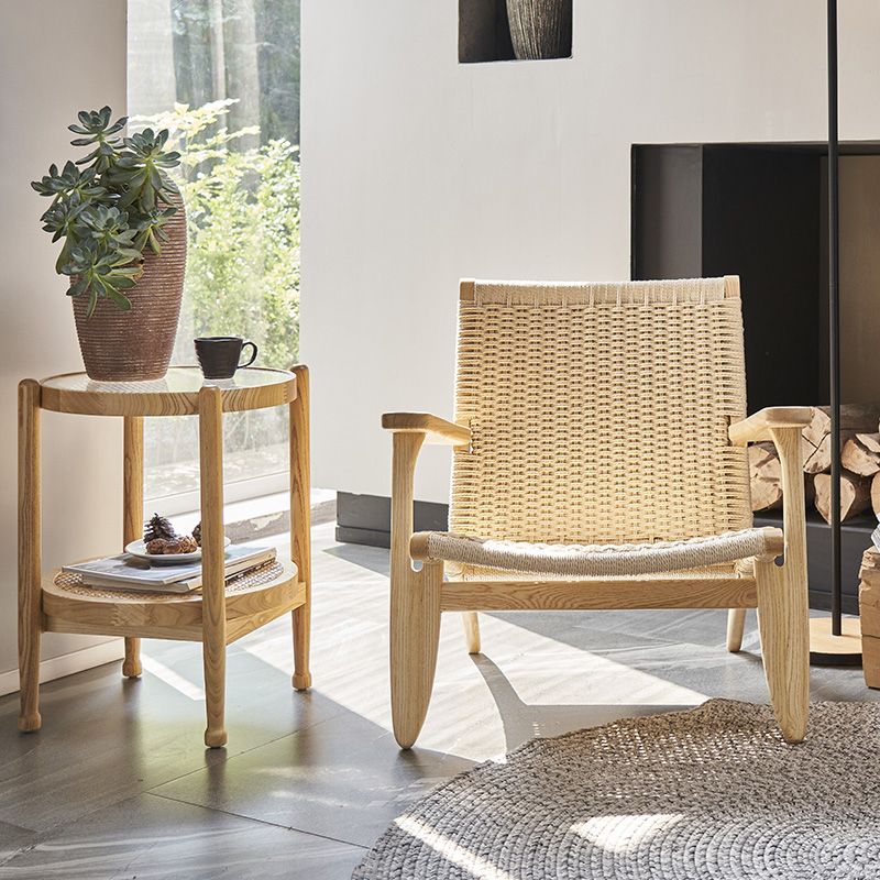 Woven Back Chair Square Arms Solid Wood Arm Chair for Living Room