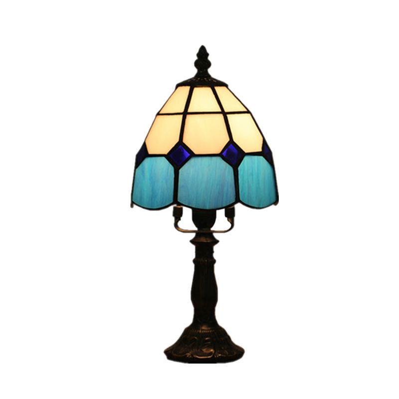 Dome Night Light Mission Stained Art Glass 1 Head Beige/Yellow/Orange Grid Patterned Nightstand Lighting for Bedroom