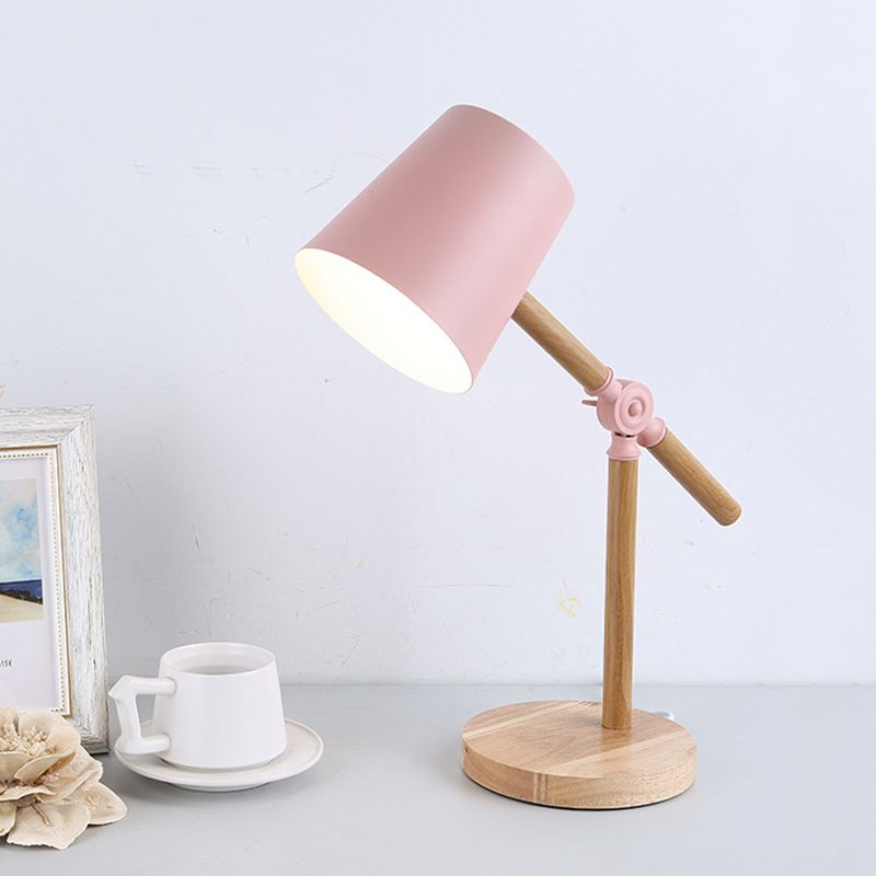 Holzschwung Arm Tischlampe Nordic 1 helles Nachttischlicht mit Fassschatten in Schwarz/Weiß/Rosa