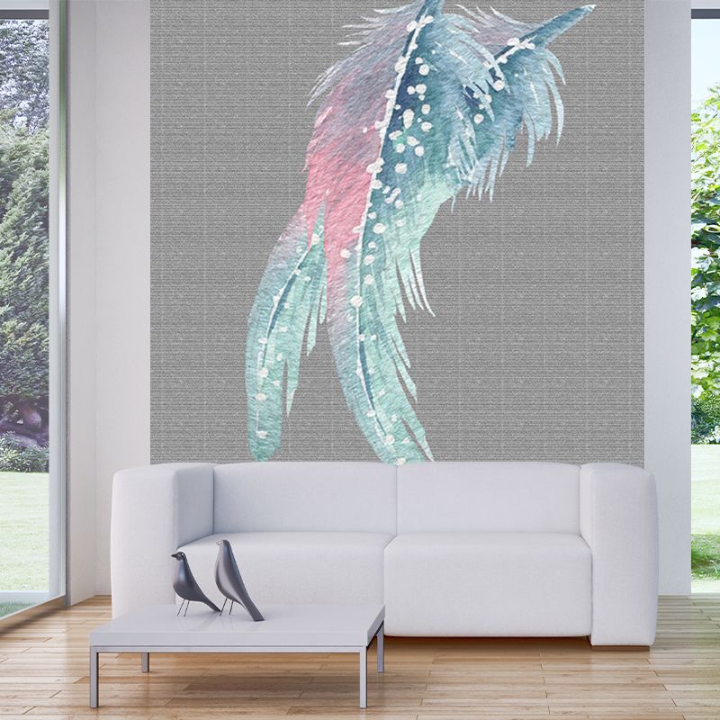 Simple Feather Print Wallpaper Murals for Bedroom Customized Wall Art in Grey-Pink-Green