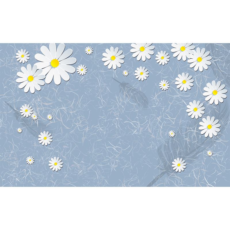 Illustration Daisy Flower Wallpaper Mural for Bedroom Decor, Blue-Yellow-White, Custom Print