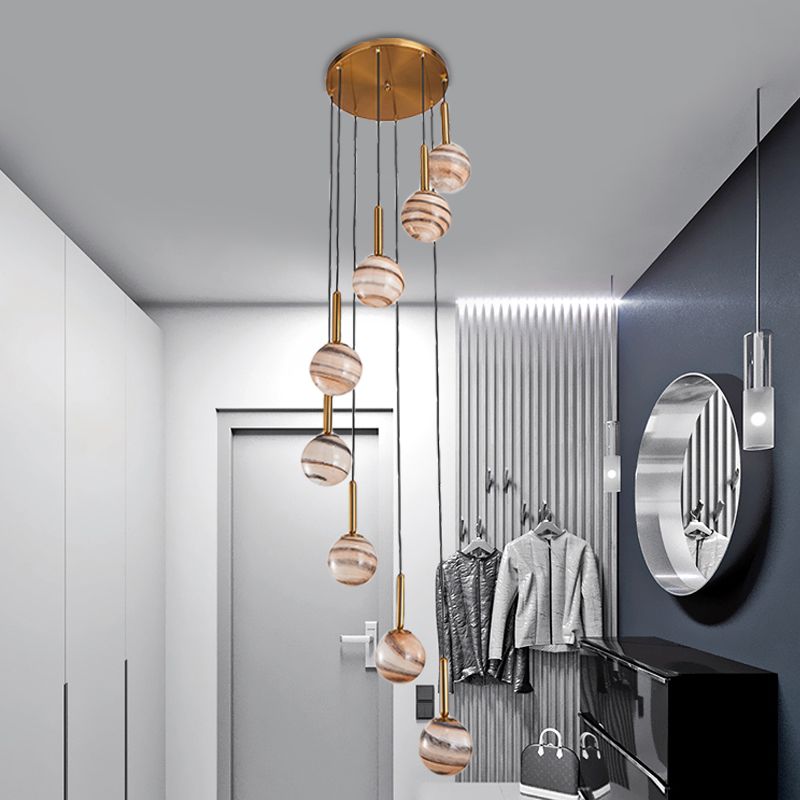 Lámpara de techo colgante de 8 luces colgante de clúster de vidrio marrón marrón moderno con diseño de espiral