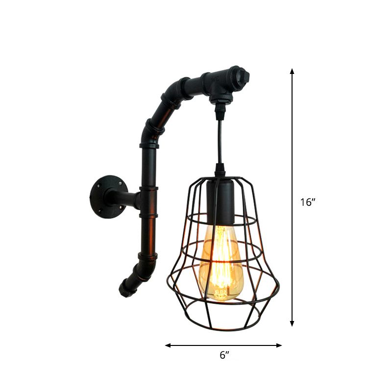 1 Light Cage Wall Lighting Fixture Industrial Black Metal Sconce Light for Bedroom