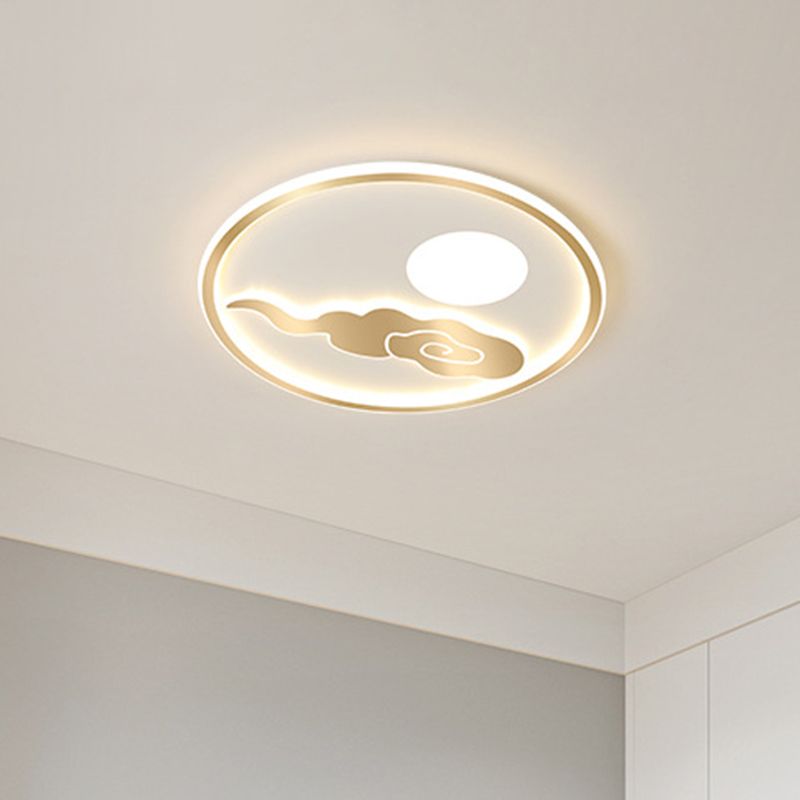 Simple Circle Flush Mount Acrylic LED Bedroom Ceiling Lighting with Moon and Cloud Design in Gold, Warm/White Light