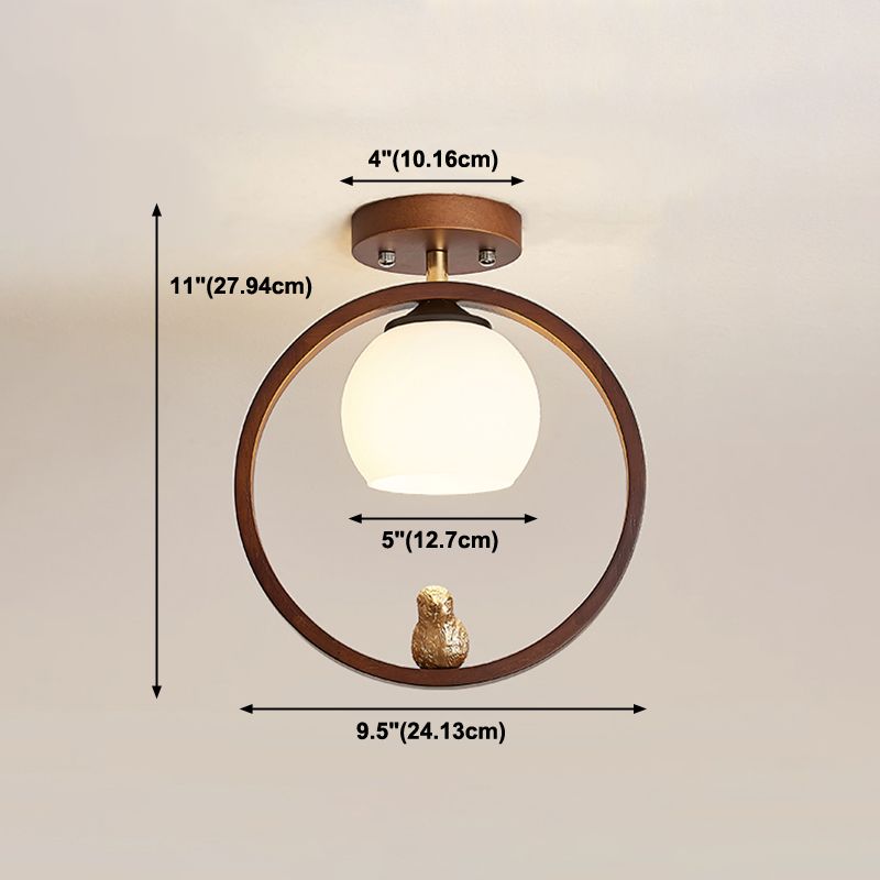 Round Shape Ceiling Lamp Modern Wood 1 Light Flush Mount with Glass Lampshade for Aisle