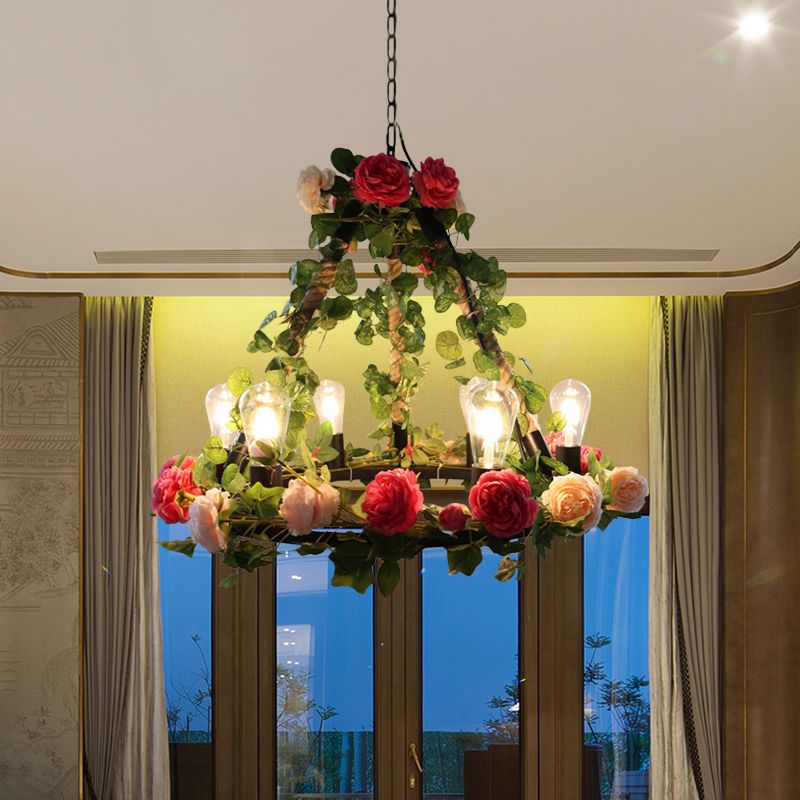 6 Lights Exposed Bulb Chandelier Lamp Loft Style Black Metal Pendant Light Kit with Ring and Artificial Petal Deco