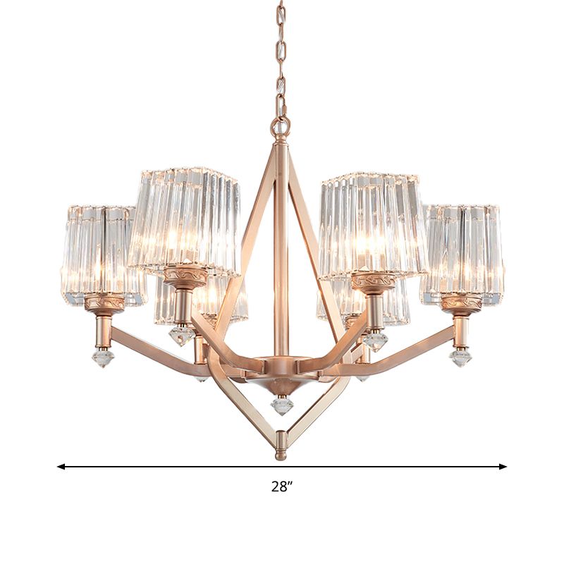 Clear Pyramid Glass Shade Hanging Chandelier Contemporary 6 Bulbs Hanging Ceiling Light in Copper Finish