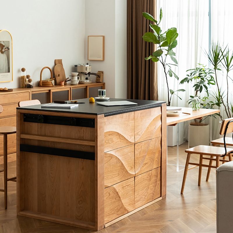 Black Stone Rectangular Kitchen Island Table with Solid Wood Storage Base