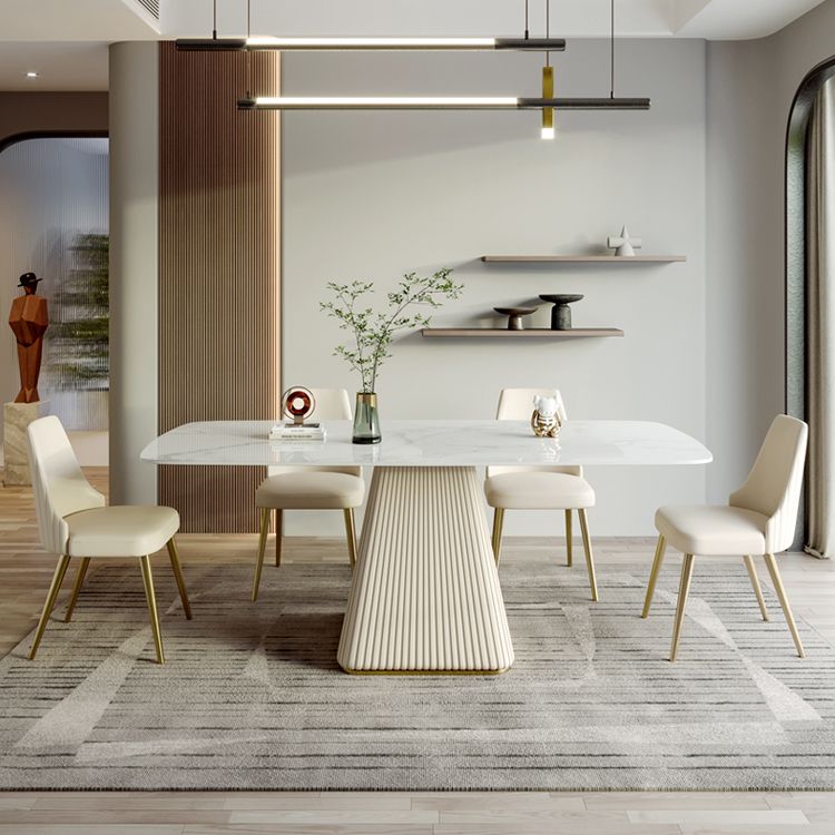 Modern Style Sintered Stone Dining Set with White Rectangle Shape Table and Pedestal Base