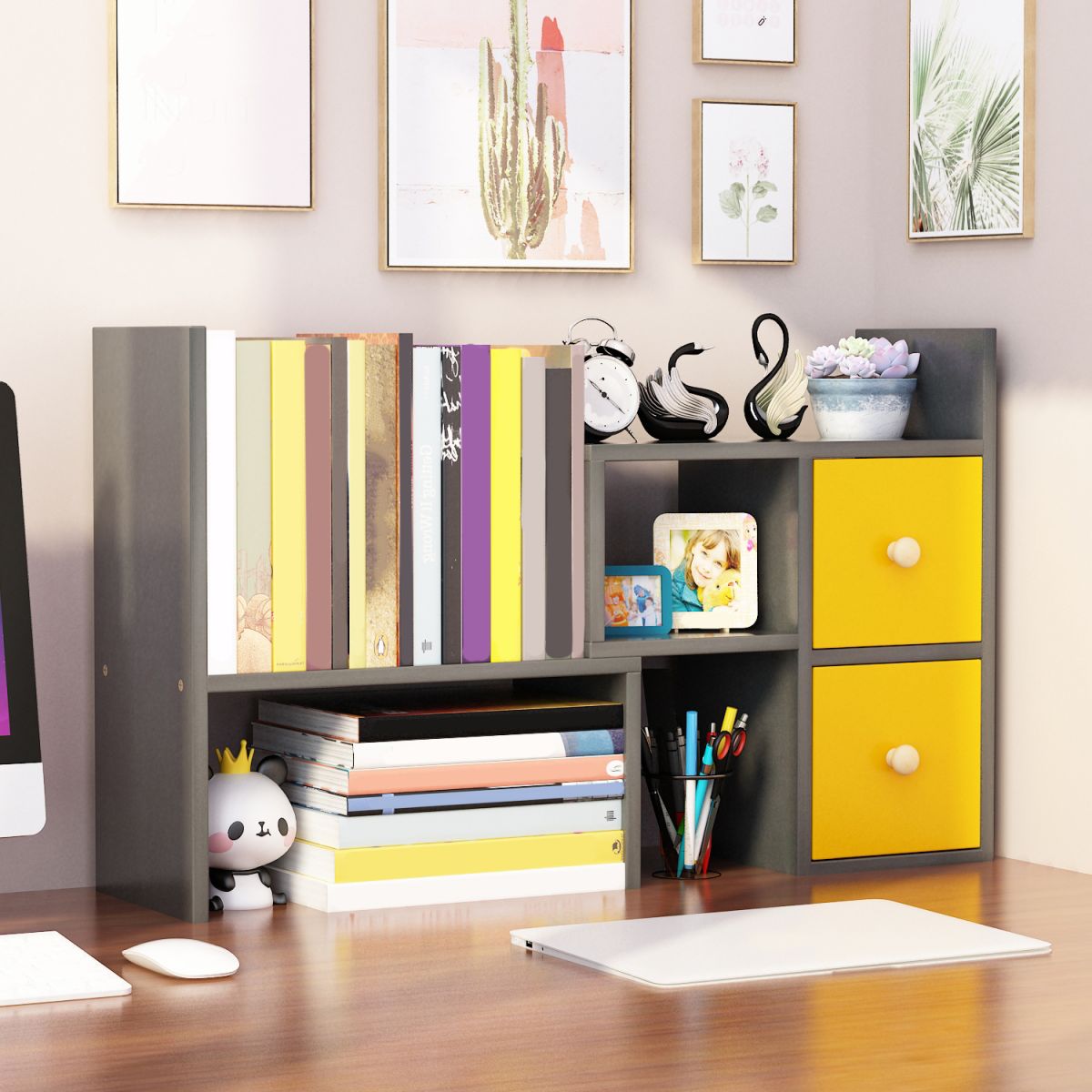 Modern Engineered Wood Bookcase, Geometric Bookshelf for Any Room,14" H X 7" W