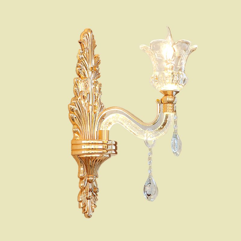 Clear Glass Gold Sconce Light Flower 1/2-Bulb Traditional Wall Mounted Lamp with Bubble Crystal Luminous Arm