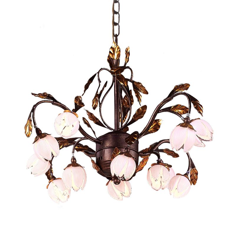Purple Glass Blossom Chandelier Country Style 12 Heads Dining Room Pendant Light Fixture in Brown