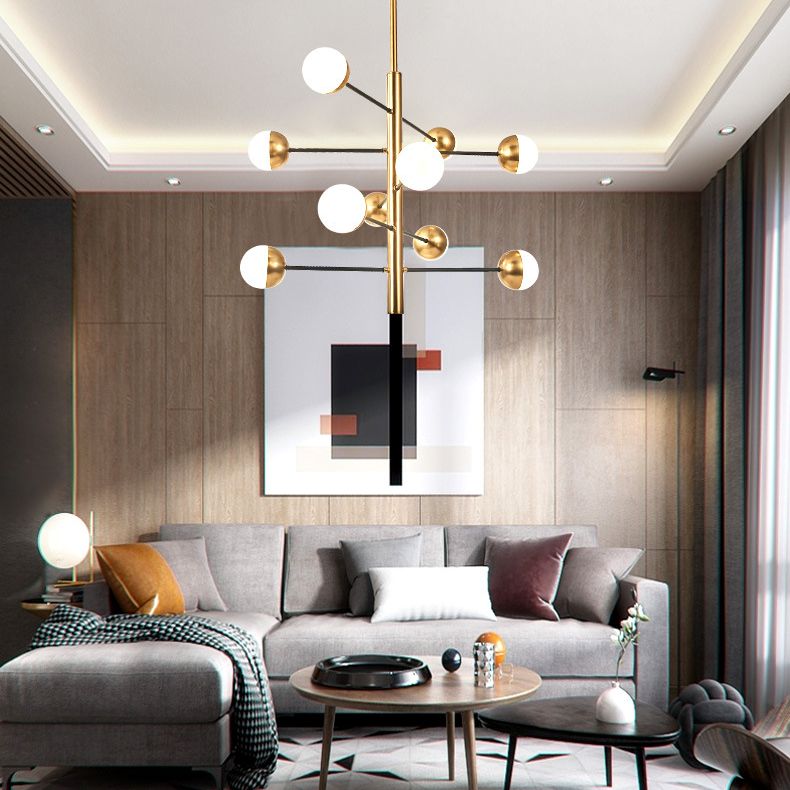 Gold Vertical Pendant Chandelier Postmodern Opal Ball Glass Hanging Light for Dining Room