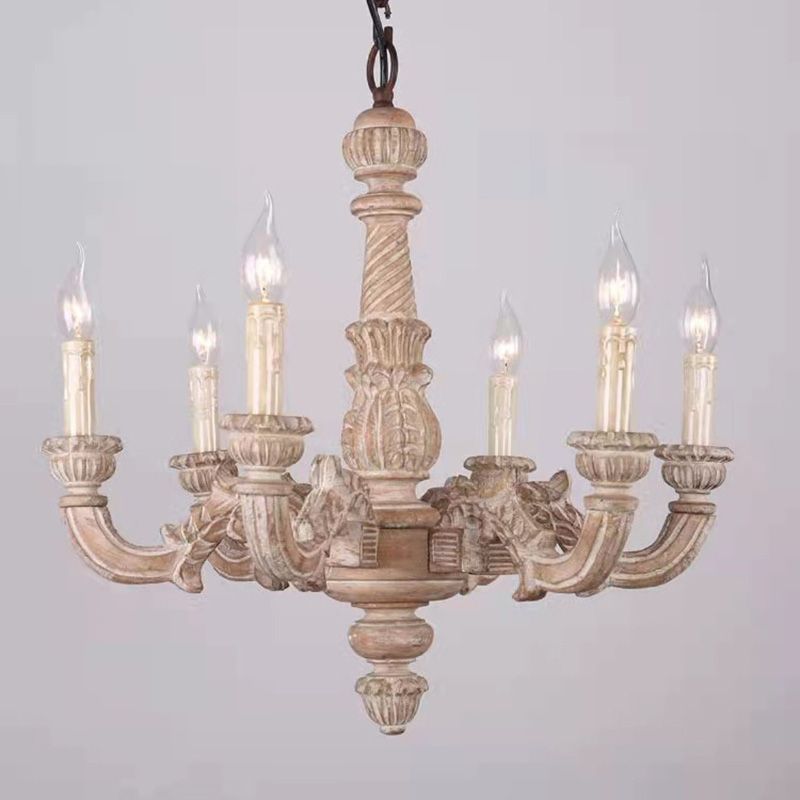 6-Light Faux Candle Chandelier Light Fixture Traditional Distressed White Wooden Suspension Lamp