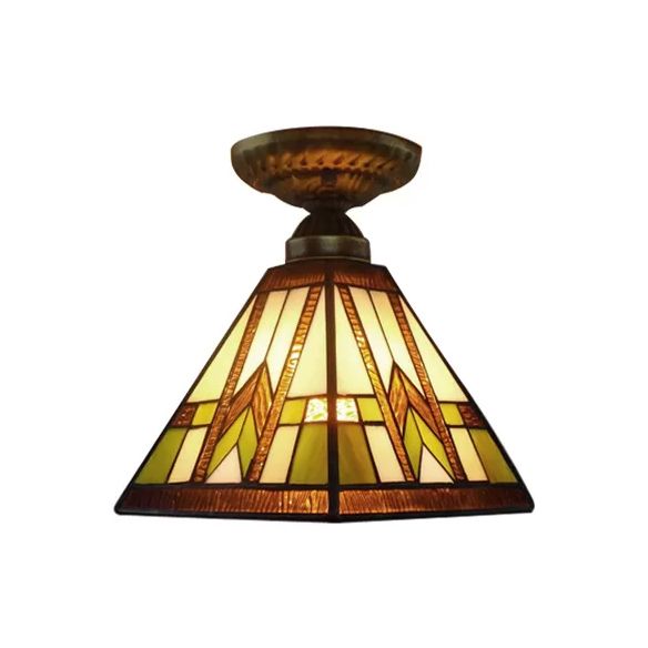 Mission Ceiling Light, Pyramid Semi Flush Mount Light in Antique Brass with Art Glass Shade for Hallway