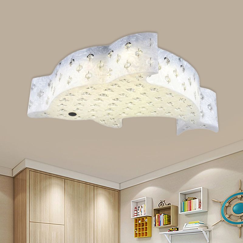 Contemporary Fish Shaped Flush Mount Pendant Light Acrylic Bedroom LED Ceiling Mount with Crystal Decoration in Blue/Pink/White