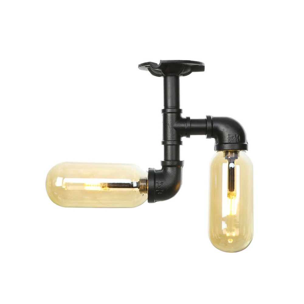 Ovalo tonalità ambra in vetro ambra semi -montaggio stile rustico 2 lampadine sala da pranzo luce soffitto in nero opaco con design del tubo