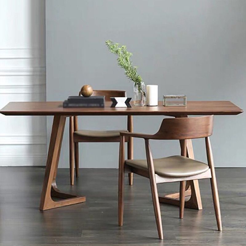 Solid Wood Top Dining Table Rectangle Pine Wood Table with Double Pedestal Base