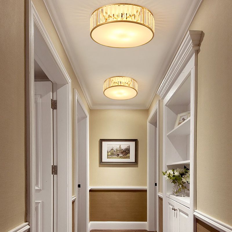 Apparecchio da soffitto in rame dorato in stile coloniale di lusso con montaggio ad incasso circolare in cristallo per camera da letto