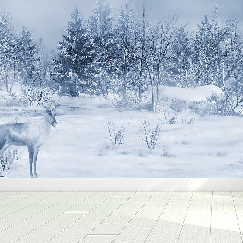 White Winter Reindeer Mural Wallpaper Forest Modern Washable Wall Covering for Kitchen