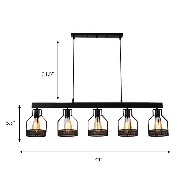 Wire Guard Metal Island Light Vintage Industrial 5 Lights Dining Room Linear Hanging Light Fixture in Black