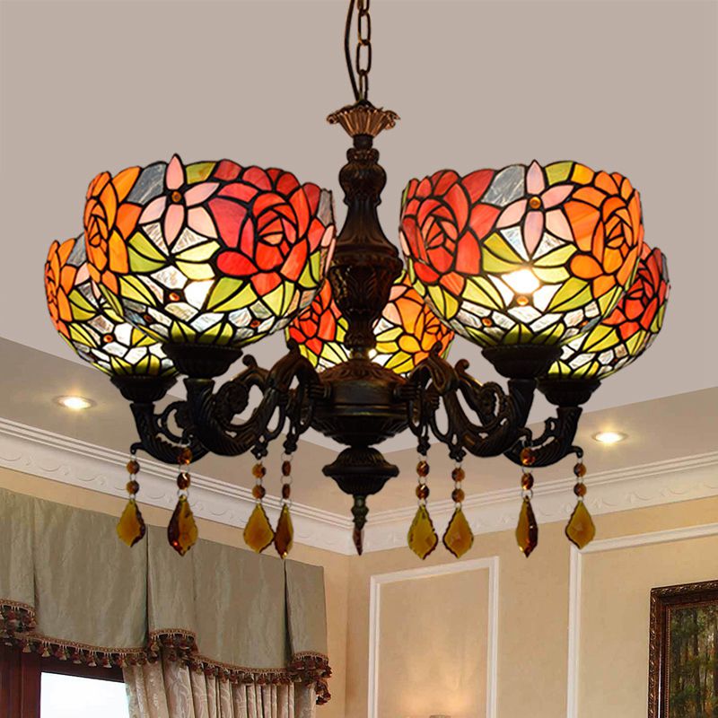 Lustre de style tiffany 5 lumières vitrail