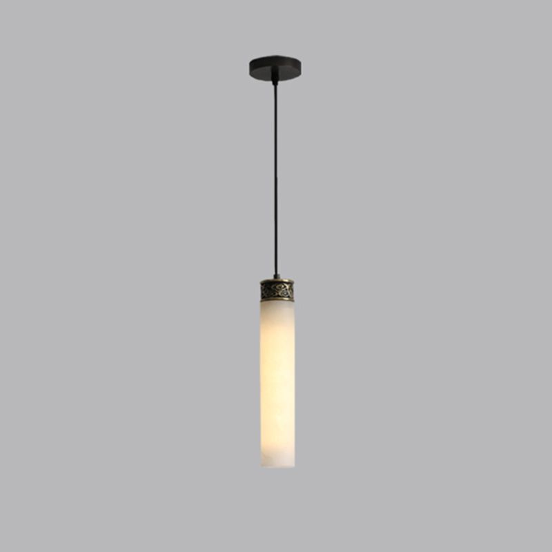 Cylinder Hanging Light Fixture Modern 1-Light White Suspension Lamp with Stone Shade