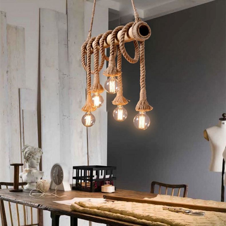 Vintage Hemp Rope Chandelier Industrial Retro Linear Exposed Bulb Bamboo Pendant for Restaurant