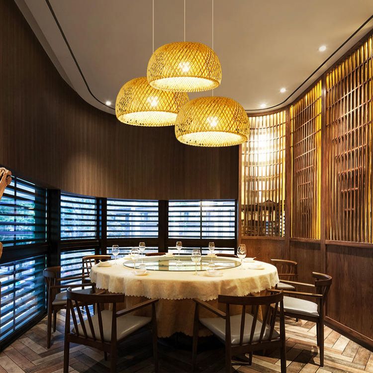 Asia Style Half-Circle Pendant Lighting Fixture Rattan Restaurant Pendant Light Kit in Beige