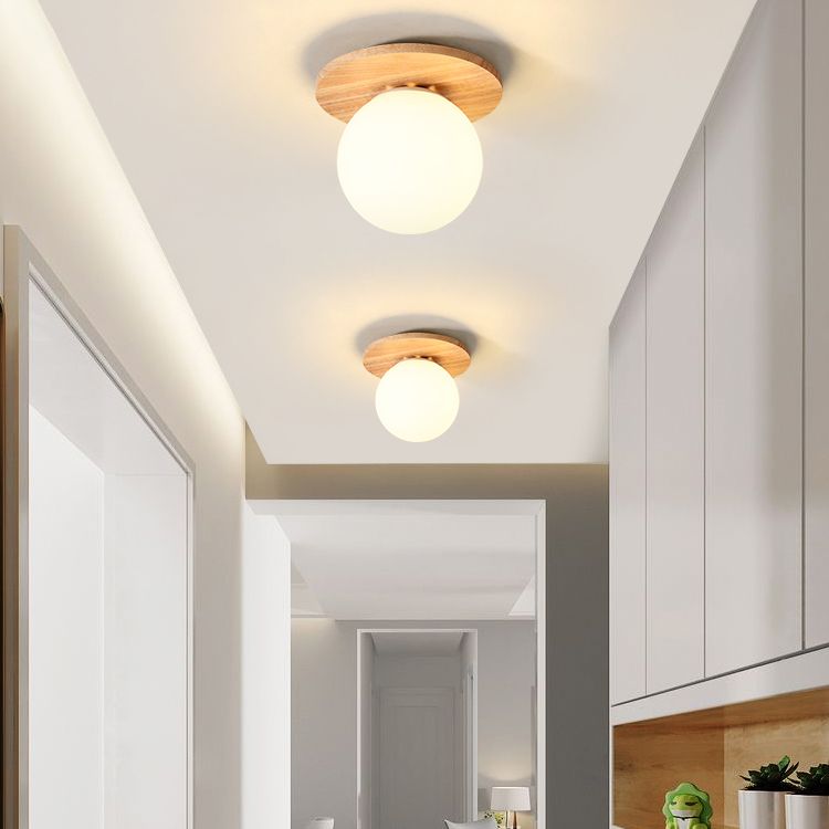 Modern Concise Flush Mount Wooden Globe Ceiling Light with White Glass Shade