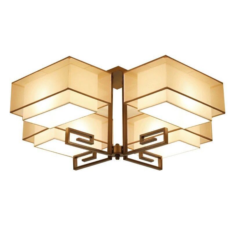 Plafoniera quadrata da incasso a 4 luci in stile classico tradizionale in ferro battuto con paralume in lino