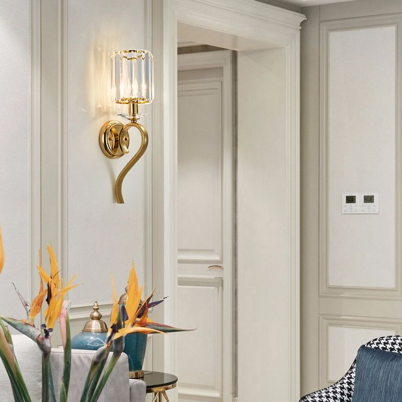 Half Cylinder Shade Crystal Wall Sconce Modern Style 1 Light Wall Mounted Light in Gold