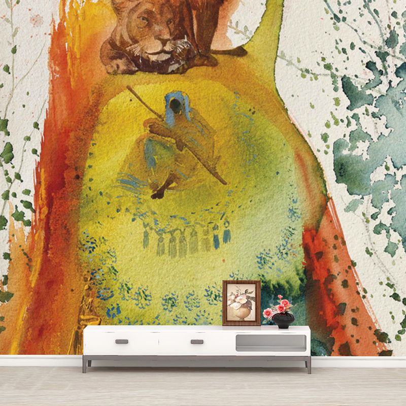 Surrealist Lions Painting Mural for Accent Wall Custom Wall Decoration in Yellow