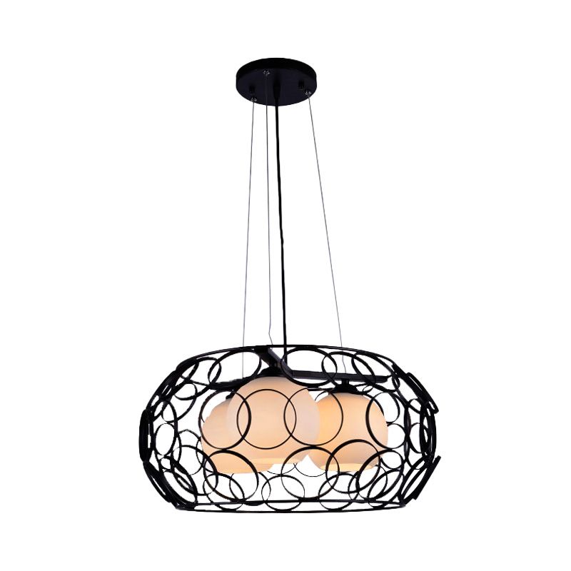 Ball White Glass Chandelier Lighting Contemporary 3 Lights White/Black Hanging Ceiling Lamp with Cage Design