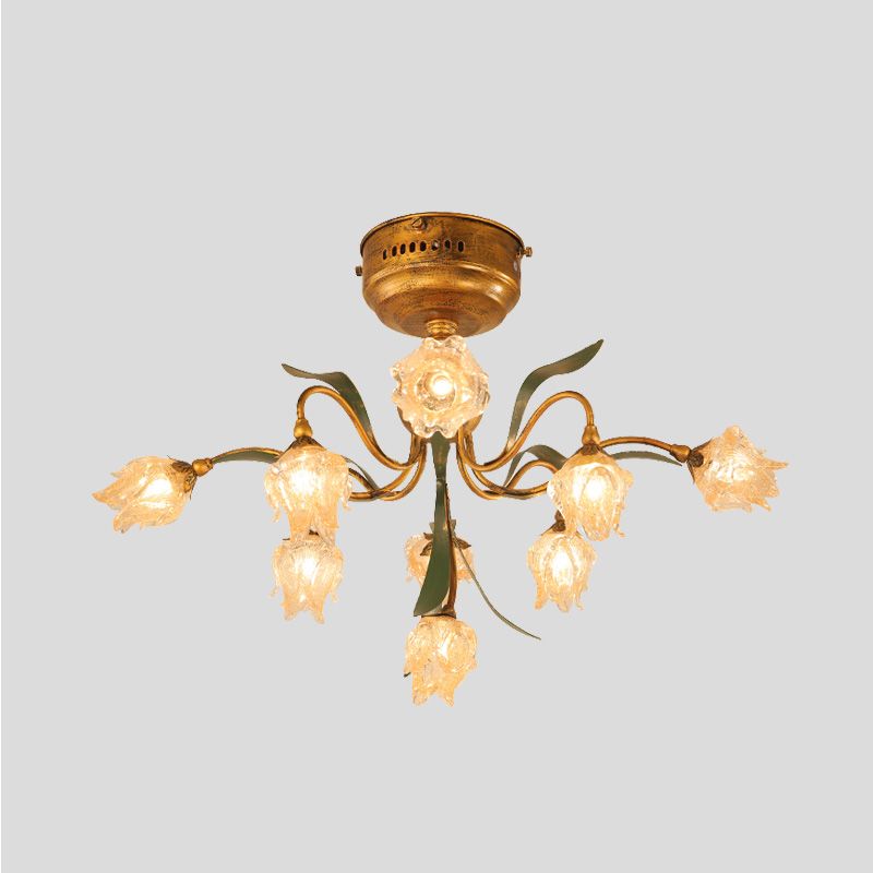 9-head dicht bij plafondlamp romantische pastoraal woonkamer led semi-spoelbevestiging verlichting met bloem mat glas in messing