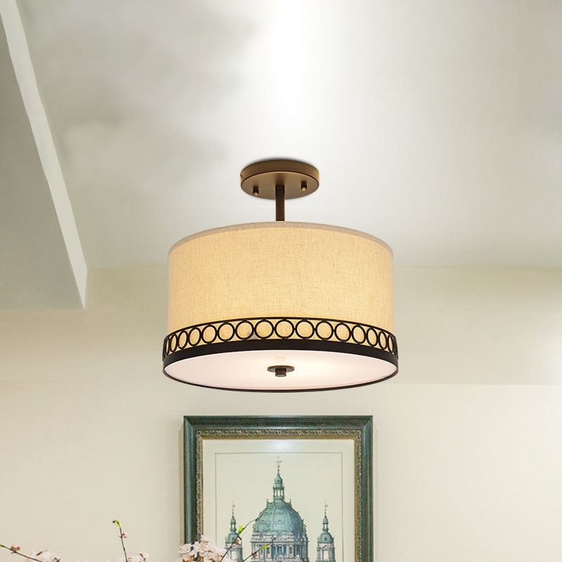 Drum Fabric Semi Mount Lighting Traditional 1 Head Bedroom Ceiling Light Fixture in Black
