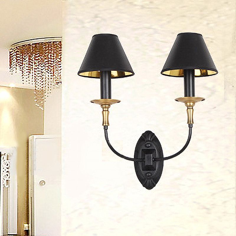 Tapered Living Room Wall Light Sconce Vintage Style Fabric 1/2 Lights Black Wall Mount Lighting with Swooping Arm