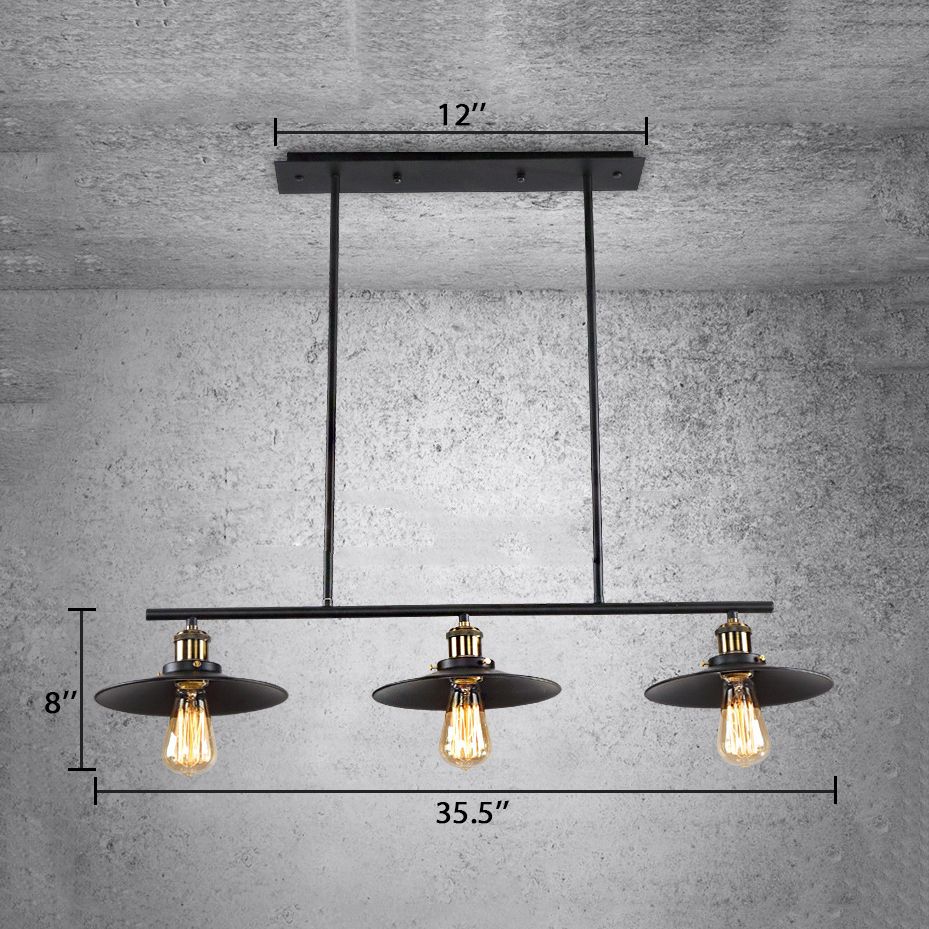 3 Lights Island Pendant Light with Round Shade Metal Industrial Vintage Indoor Island Lighting in Black