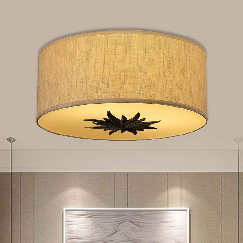 Drum Dining Room Ceiling Lamp Rustic Fabric 3 Bulbs Grey/Beige Flush Mount Lighting with Floral Pattern